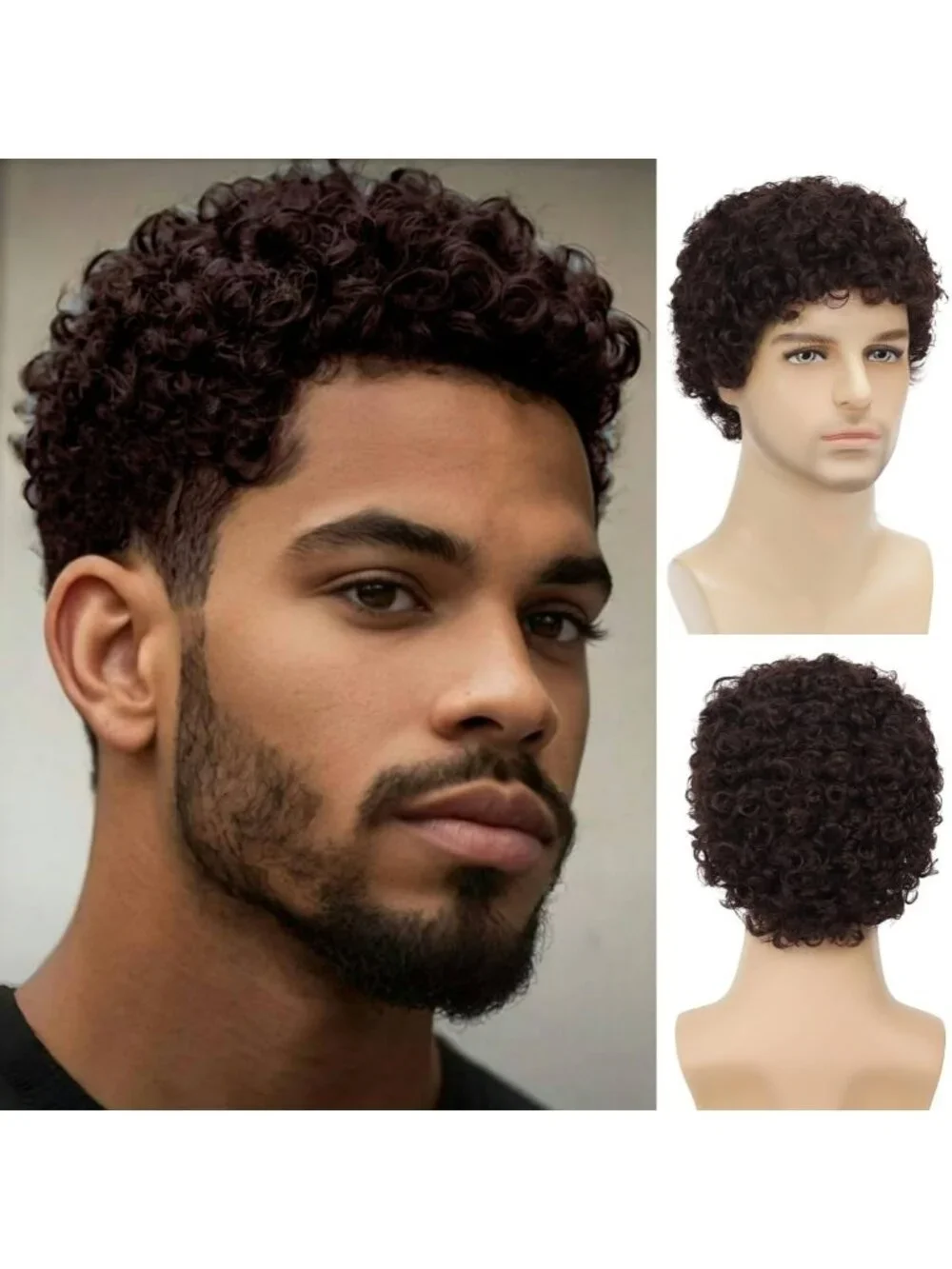 Mens Dark Brown Short Afro Kinky Curly Natural Synthetic Wig Bangs Cosplay Style